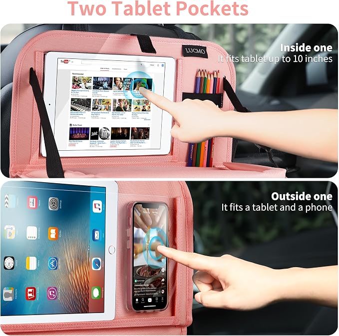 LUCMO Car Backseat Organizer with Foldable Tablet Holder, Pink | 2 Pcs,6 Storage Pockets,Foldable Food Tray,Protectors Kick Mats,Travel Accessories,Seat Cover,Road Trip Essentials - Image 6