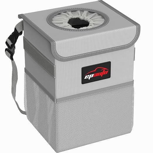 EPAuto Waterproof Car Trash Can with Lid and Pockets, 2.5 Gal, Gray | Leakproof, Collapsible Multipurpose Car Bin with 3 Side Storage Pockets, Adjustable Straps by EPAuto