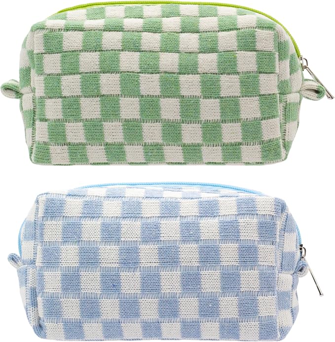 Checkered Makeup Bag for Purse, Small Cosmetic Pouch,Blue Green,2 Pack | Cute Zipper Makeup Organizer for Women, Travel Essentials, Toiletries, Makeup Brushes, Beauty Accessories&Bridesmaid Gifts by PAZIMIIK