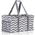 Extra Large Utility Tote Bag - Oversized Collapsible Reusable Wire Frame Rectangular Canvas Basket With Two Exterior Pockets For Beach, Pool, Laundry, Car Trunk, Storage - Chevron Gray by Lucazzi
