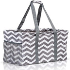 Extra Large Utility Tote Bag - Oversized Collapsible Reusable Wire Frame Rectangular Canvas Basket With Two Exterior Pockets For Beach, Pool, Laundry, Car Trunk, Storage - Chevron Gray by Lucazzi