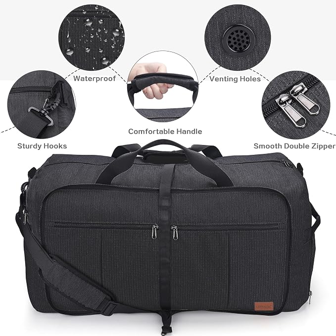 120L Foldable Collapsible Waterproof Travel Duffel Bag for Men and Women | with Shoe Compartment, Black, 34" Duffle for Weekender Gym Sport, Tear Resistant - Image 4