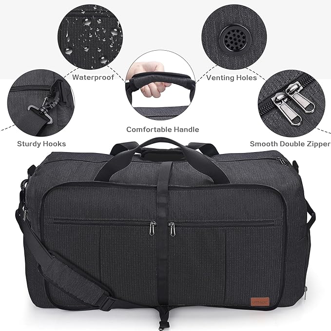 100L EXTRA LARGE Foldable Waterproof Travel Duffle Bag for Men Women | with Shoe Compartment, Black, 32“ Duffel for Weekender Gym Sport, Tear Resistant, Polyester - Image 4