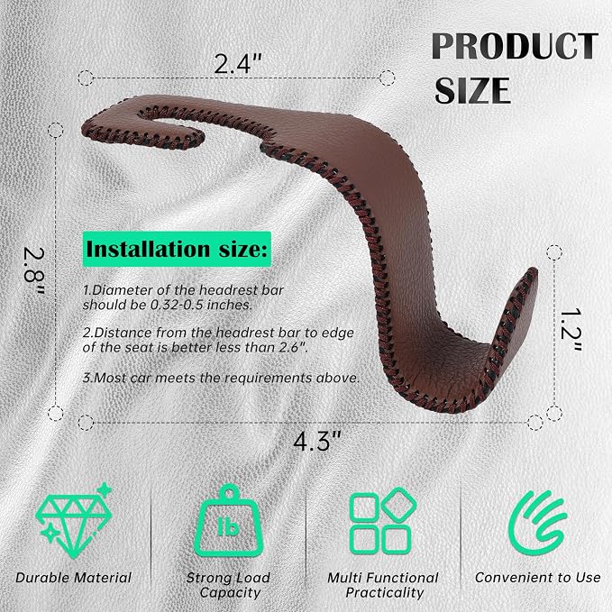 Car Seat Headrest Hook 55lb Heavy Duty Metal Hanger with Leather for Bags | Universal Fit car SUV Truck, Premium Microfiber Leather, Metal Core, Hang Purses Groceries Handbag Backpack, 2 Pack Brown - Image 7