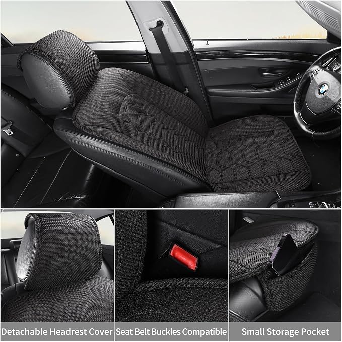 Linen Front Car Seat Covers Cloth Fabric Automotive Seat Protectors | Breathable Durable Anti-Slip All-Season Comfort Easy to Install Universal Fit for 95% of Cars Trucks SUVs Vans (Black, 2PCS) - Image 8