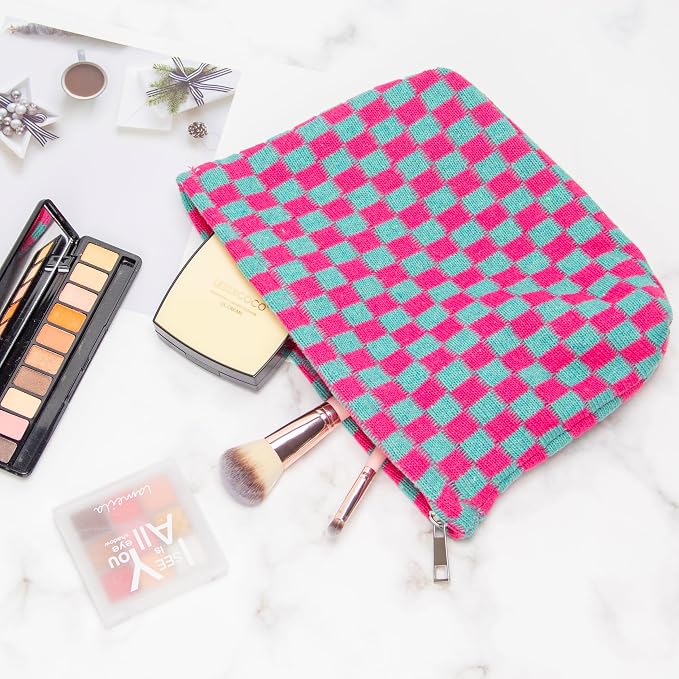 Checkered Makeup Bag for Purse, Small Flat Cosmetic Pouch,Magenta Green | Cute Zipper Makeup Organizer for Women, Travel Essentials, Toiletries, Makeup Brushes, Beauty Accessories&Bridesmaid Gifts - Image 4