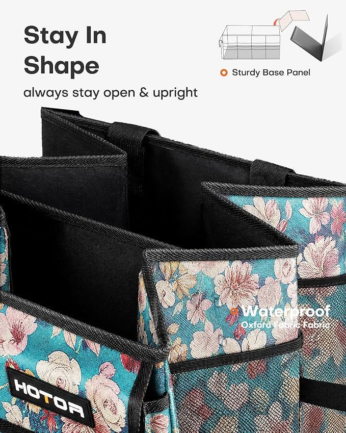 HOTOR Trunk Organizer - Foldable Car Organizer for SUVs & Sedans Storage | Sturdy Car Organization for Men & Women, Car Accessories Tools, Sundries, Blue Flower, 2 Compartments, 21.3" x 12.6" x 10.6" - Image 4