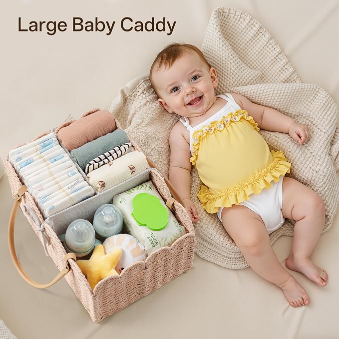 Angelhood Paper Rope Diaper Caddy, Scalloped Baskets with Removable Divider | Woven Floral Baby Diaper Organizer for Changing Table,Baby Shower Gifts,Portable Car Organizer for Diapers - Image 4