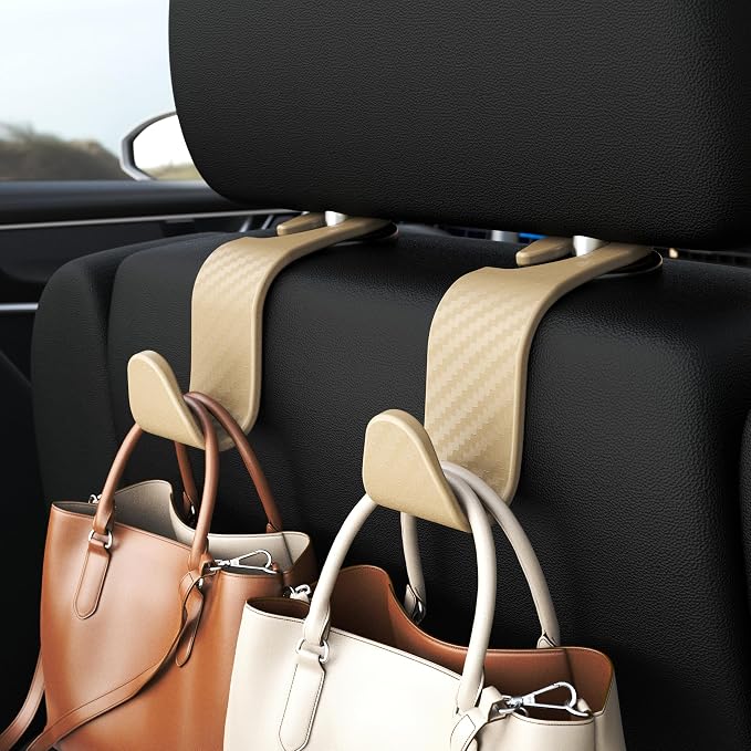 4-Pack Car Headrest Hooks Holds 55lbs Seat Storage Organizer for Bags | Durable ABS Material, 360° Rotating, Car Hanger for Backpack Umbrella Water Bottle Coat Handbags Groceries, Checkered Beige - Image 2