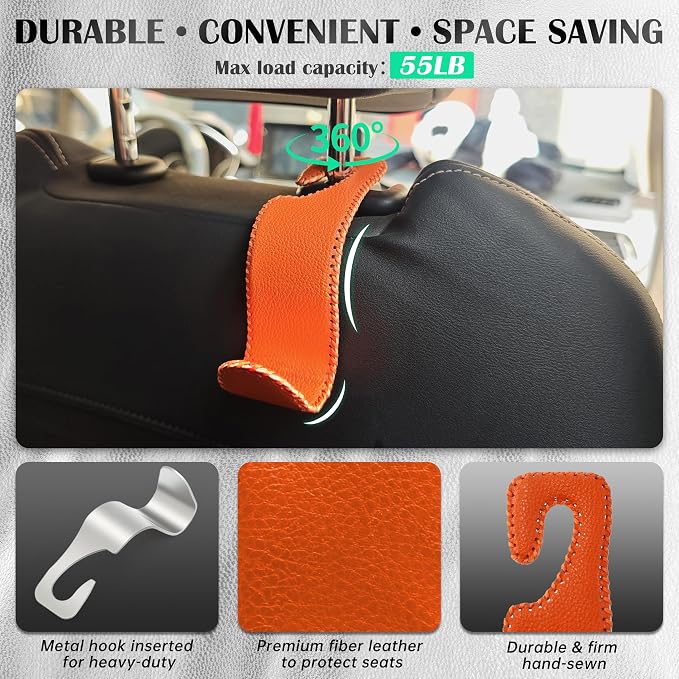 Car Seat Headrest Hook 55lb Heavy Duty Metal Hanger with Leather for Bags | Universal Fit car SUV Truck, Premium Microfiber Leather, Metal Core, Hang Purses Groceries Handbag Backpack, 4 Pack Orange - Image 3