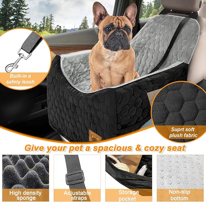 Dog Car Seat for Small/Medium Dogs, Memory Foam Dog Booster Seat, Travel Safety Per Car Seat with Washable Removable Cover, Storage Pockets, up to 35 lbs(BlackGray) - Image 3