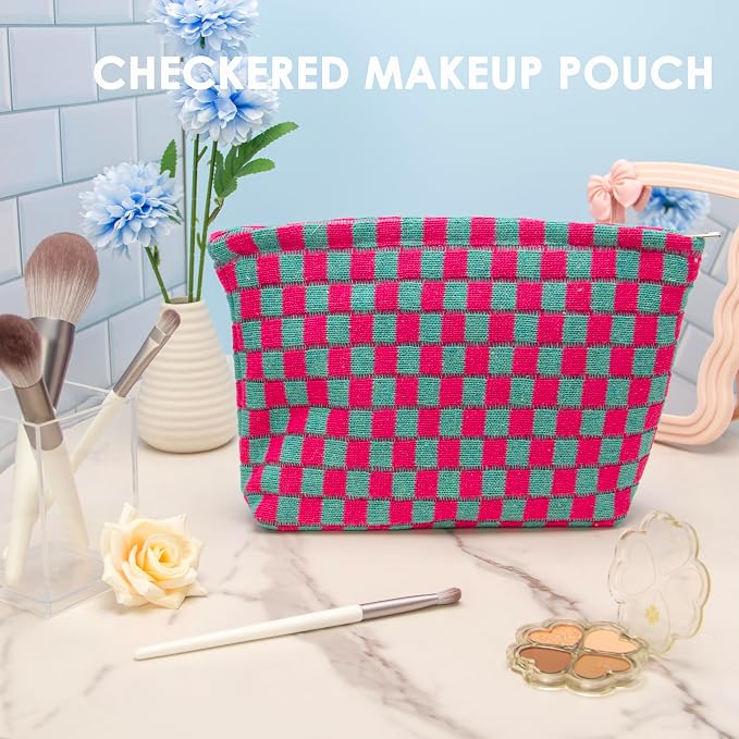 Checkered Makeup Bag for Purse, Small Flat Cosmetic Pouch,Magenta Green | Cute Zipper Makeup Organizer for Women, Travel Essentials, Toiletries, Makeup Brushes, Beauty Accessories&Bridesmaid Gifts - Image 2