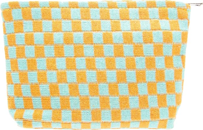 Checkered Makeup Bag for Purse, Small Flat Cosmetic Pouch,Orange Green | Cute Zipper Makeup Organizer for Women, Travel Essentials, Toiletries, Makeup Brushes, Beauty Accessories&Bridesmaid Gifts by PAZIMIIK