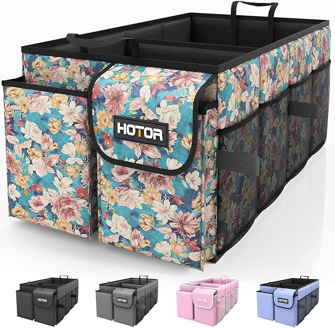 HOTOR Trunk Organizer - Foldable Car Organizer for SUVs & Sedans Storage | Sturdy Car Organization for Men & Women, Car Accessories Tools, Sundries, Blue Flower, 2 Compartments, 21.3" x 12.6" x 10.6" by HOTOR