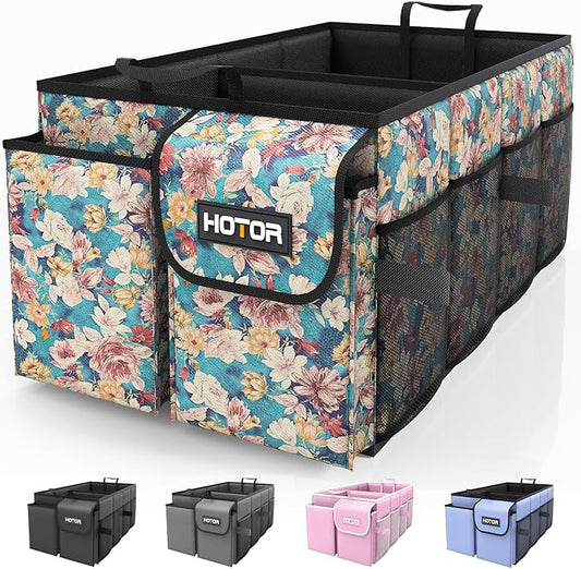 HOTOR Trunk Organizer - Foldable Car Organizer for SUVs & Sedans Storage | Sturdy Car Organization for Men & Women, Car Accessories Tools, Sundries, Blue Flower, 2 Compartments, 21.3" x 12.6" x 10.6" by HOTOR