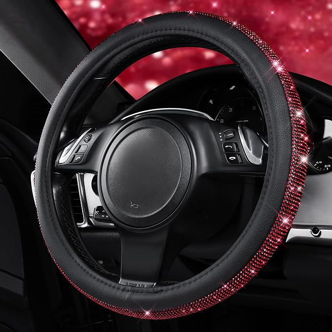 CAR PASS Red Diamond Black Leather Steering Wheel Cover, with Bling Crystal Rhinestones Universal Fit 14" 1/2-15" Crystal Glitter for Women Sparkle Girl Fit Suvs,Vans,Sedans,Cars,Trucks, Red Diamond - Image 4