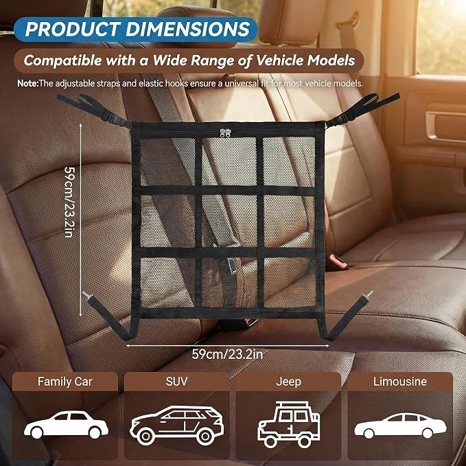 Dog Car Barrier, 9-Grid Reinforced Sturdy Pet Car Divider, Breathable Double-Layer Mesh with Zipper Storage, Easy to Install, Pet Travel Safety Barrier for SUVs, Sedans & Trucks - Image 6