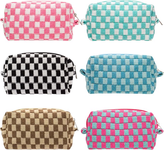 Checkered Makeup Bag for Purse, Small Cosmetic Pouch,Mix Color,6 Pack | Cute Zipper Makeup Organizer for Women, Travel Essentials, Toiletries, Makeup Brushes, Beauty Accessories&Bridesmaid Gifts by PAZIMIIK