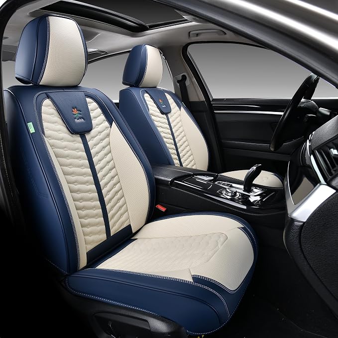Front Seat Covers, Leather Seat Covers, Universal Car Seat Covers 2PCS, Waterproof Car Seat Protector, Driver Seat Cover Accessories for Trucks SUV Sedans-Blue&White by FLORICH