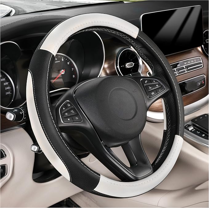 SEG Direct Steering Wheel Cover 14.5-15 inch Car Auto Interior Accessories | Universal Medium Standard Size 37-39cm for Car Truck SUV, Microfiber Leather, Anti-Slip Comfortable Grip, Black and White - Image 7