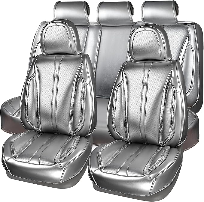 CAR PASS Ultra+ Nappa Leather Car Seat Covers Full Set Universal Cushioned, Soft Breathable Waterproof Anti-Slip Driver Seats and Backrest for SUV Pick-up Truck Sedan, 5 Seats Margiela Solid Silver by CARPASS