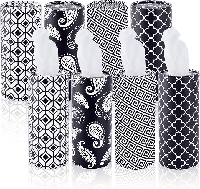 Geometric Car Tissues Cylinder, 8 Pack Black and White Round Tissue Box for Car Cup Holder, 2 Ply 50 Count Facial Tissues Tube for Console Travel, Modern Pattern Car Accessories by EoBeCy