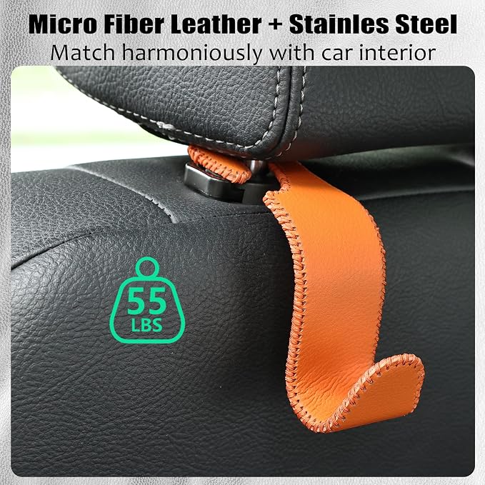Car Seat Headrest Hook 55lb Heavy Duty Metal Hanger with Leather for Bags | Universal Fit car SUV Truck, Premium Microfiber Leather, Metal Core, Hang Purses Groceries Handbag Backpack, 4 Pack Orange - Image 5