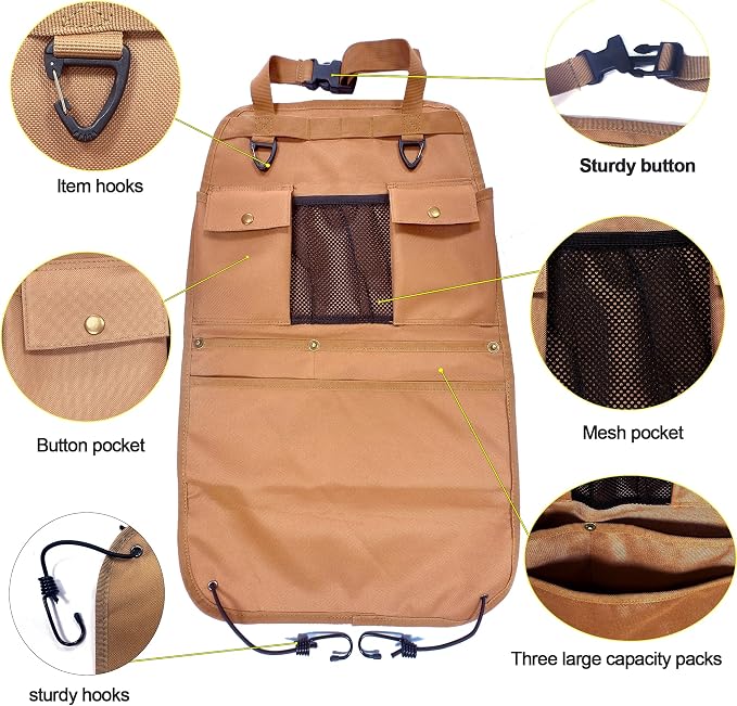 Car Seat Back Organizer with Multiple Pockets and Hooks (brown) - Image 3