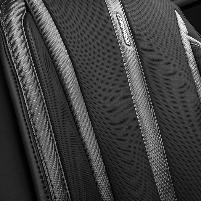 CAR PASS Carbon Fiber Nappa Leather Car Seat Covers Front Only Cushioned Leatherette 2 Piece Padded Waterproof Universal Fit for Cars SUV Truck Pickup Automotive Vehicle Interior, 2PCS Black - Image 2