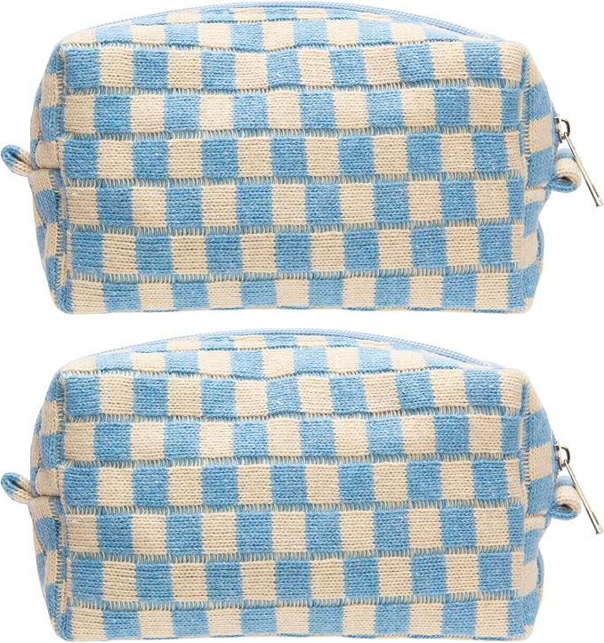 Checkered Makeup Bag for Purse, Small Cosmetic Pouch,Blue Beige,2 Pack | Cute Zipper Makeup Organizer for Women, Travel Essentials, Toiletries, Makeup Brushes, Beauty Accessories&Bridesmaid Gifts by PAZIMIIK