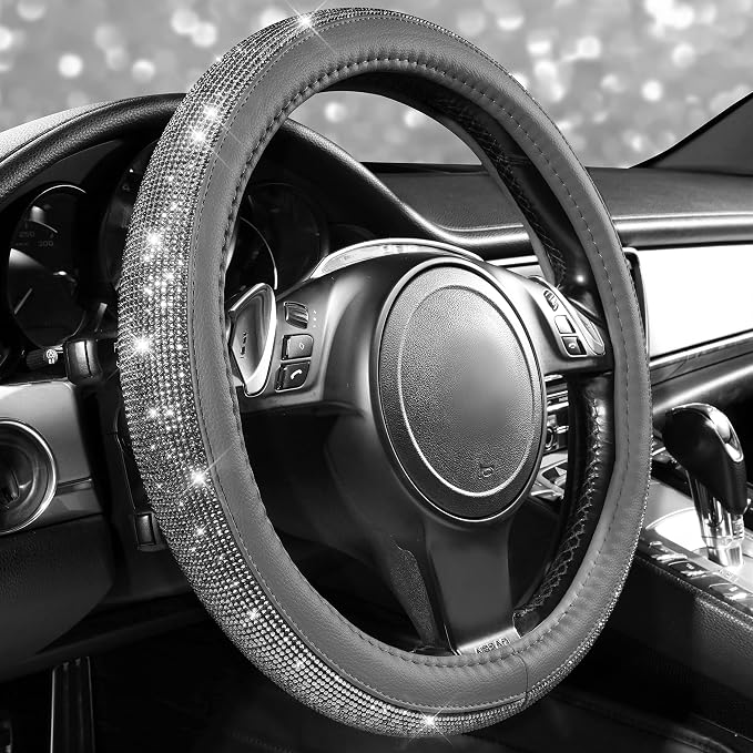 CAR PASS Bling Diamond Leather Steering Wheel Cover, with Bling Sparkly Crystal Glitter Rhinestones Universal Fit 14" 1/2-15" Car Wheel Protector for Women Girl Fit Suvs,Vans,Sedans,Cars,Trucks, Gray - Image 4