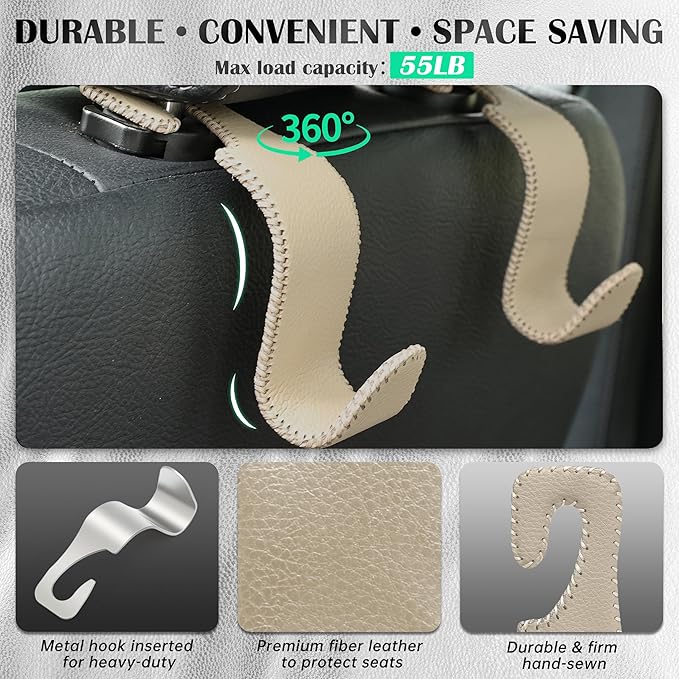 Car Seat Headrest Hook 55lb Heavy Duty Metal Hanger with Leather for Bags | Universal Fit car SUV Truck, Premium Microfiber Leather, Metal Core, Hang Purses Groceries Handbag Backpack, 2 Pack Beige - Image 3