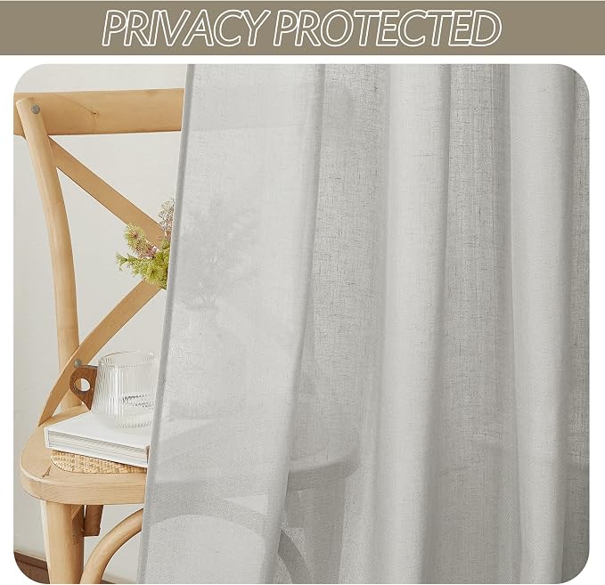 RYB HOME Linen Sheer Curtains 2 Panels for Living Room, Semi Transparent Privacy Drapes with Rod Pocket Farmhouse Style Window Treatments for Bedroom, Light Grey, 52" W x 72" L - Image 3