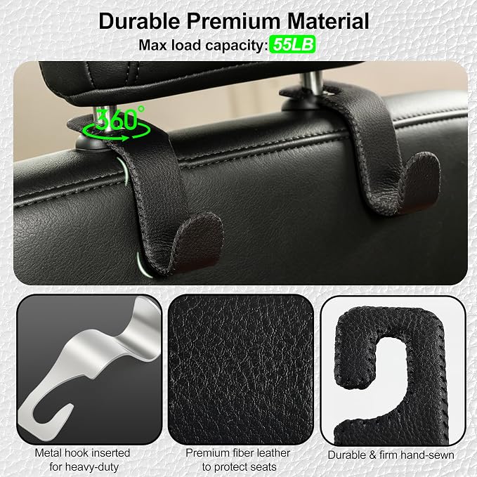 Car Seat Headrest Hook Heavy Duty 55lb Metal Hanger with Leather for Bags | Universal Vehicle Seat Back Organizer, Ergonomic Design, Hang Groceries Handbag Backpack Water Bottle, 2 Pack Black - Image 2