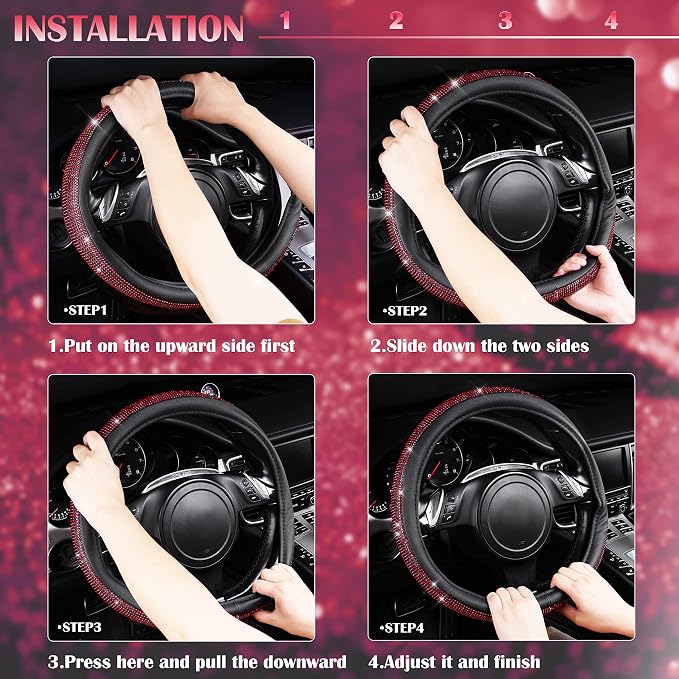 CAR PASS Red Diamond Black Leather Steering Wheel Cover, with Bling Crystal Rhinestones Universal Fit 14" 1/2-15" Crystal Glitter for Women Sparkle Girl Fit Suvs,Vans,Sedans,Cars,Trucks, Red Diamond - Image 7