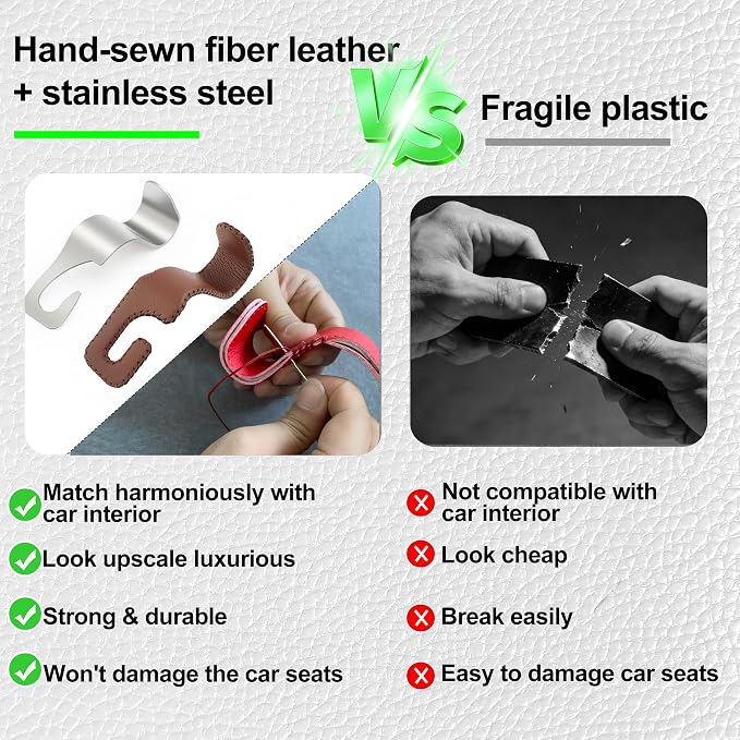 Car Seat Headrest Hook Heavy Duty 55lb Metal Hanger with Leather for Bags | Universal Vehicle Seat Back Organizer, Ergonomic Design, Hang Groceries Handbag Backpack Water Bottle, 2 Pack Brown - Image 4