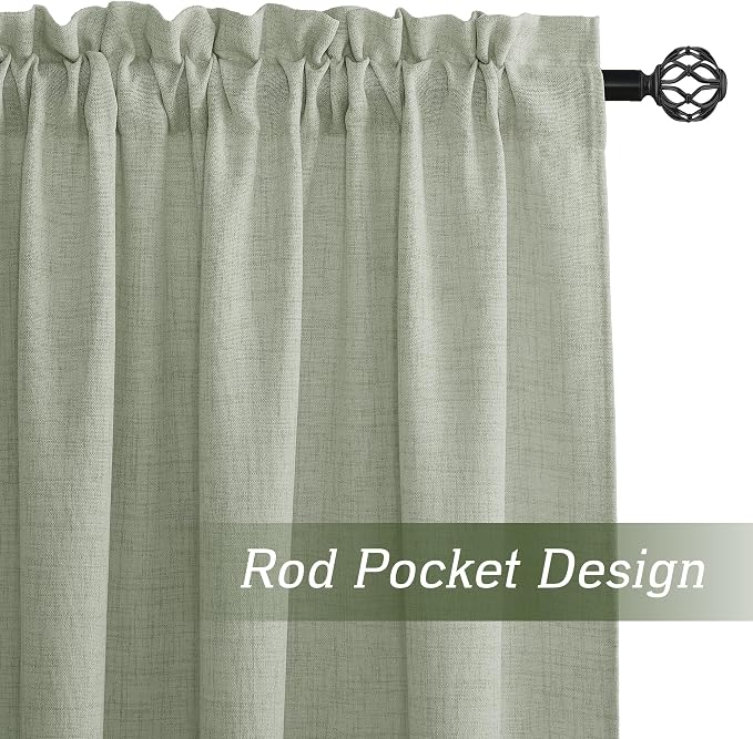 RYB HOME Linen Sheer Curtains 90 inches Long for Living Room | Breathable, Weave Textured, Rod Pocket, Semi Sheer, Sage Green, for Dining Room, W52 x L90, 2 Panels Set - Image 2