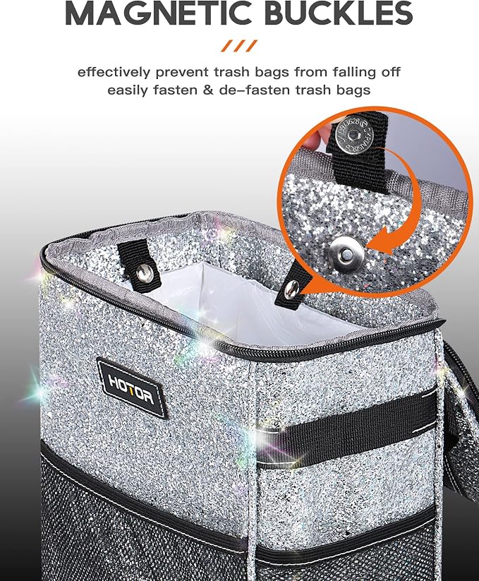 HOTOR Car Trash Can, Compact Waterproof Organizer, Leak-Proof Bin, 2-Gallon | Sparkle White, Multifunctional Car Accessory with Adjustable Straps & Magnetic Snaps for Interior Car Storage - Image 3