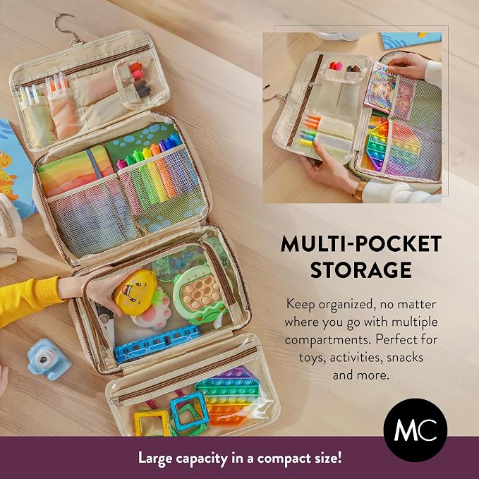 Kids Travel Organizer – Multi-Compartment, Water-Resistant Hanging Bag for Toys, Snacks, & Activities - Compact, Lightweight Design with Hook & Carry Handle - Perfect for Travel Use (Beige, Large) - Image 4