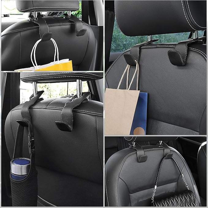 LivTee Black Superior Leather Car Seat Back Headrest Hook, Auto Seat Hook Hangers Interior Accessories for Purse Coats Umbrellas Grocery Bags Handbag, 2-Pack - Image 6