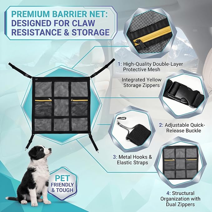 Universal Dog Car Barrier for SUV, Truck & Sedan, Double-Layer Car Net | Breathable Car Divider for Dogs with Mesh Organizer, Helps Reduce Driving Distractions, Quick and Easy Installation - Image 6