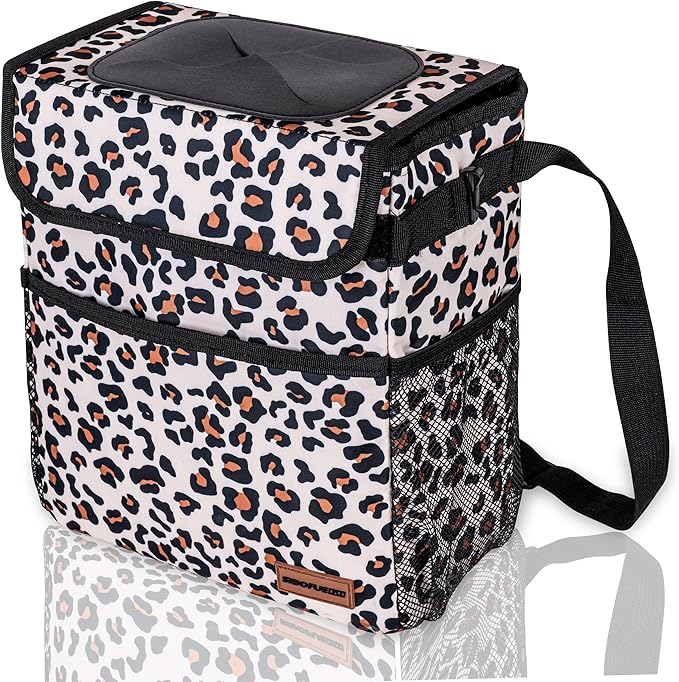 SIBOFUEGO Cute Car Trash Can with Lid – Multipurpose Collapsible Trash Bin for Car, Leak-Proof Organizer, Waterproof Garbage Can with Storage Pockets & Adjustable Straps, 2 Gallons (Leopard Print) by SIBOFUEGO