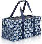 Extra Large Utility Tote Bag - Oversized Collapsible Reusable Wire Frame Rectangular Canvas Basket With Two Exterior Pockets For Beach, Pool, Laundry, Car Trunk, Storage - Navy Sunflower by Lucazzi