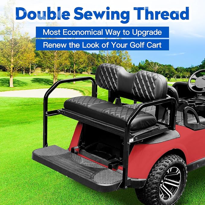 NOKINS Golf Cart Seat Covers 4 Piece Fits Club Car Precedent Premium Seat | Front and Rear Seat Vinyl Covers, Golf Cart Accessories, No Staples(Black&Black Stitch) - Image 3