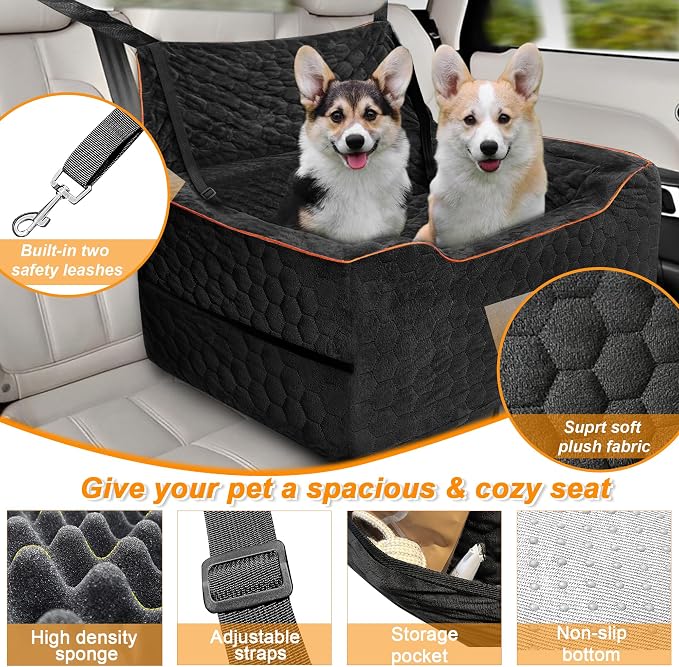 Dog Car Seat for Medium/Large Dogs, Washable Dog Booster Seat Under 60 lbs or 2 Small Dogs, Multi-Functional Pet Car Seat with Thick Cushion, 2 Safety Leashes (Black) - Image 5