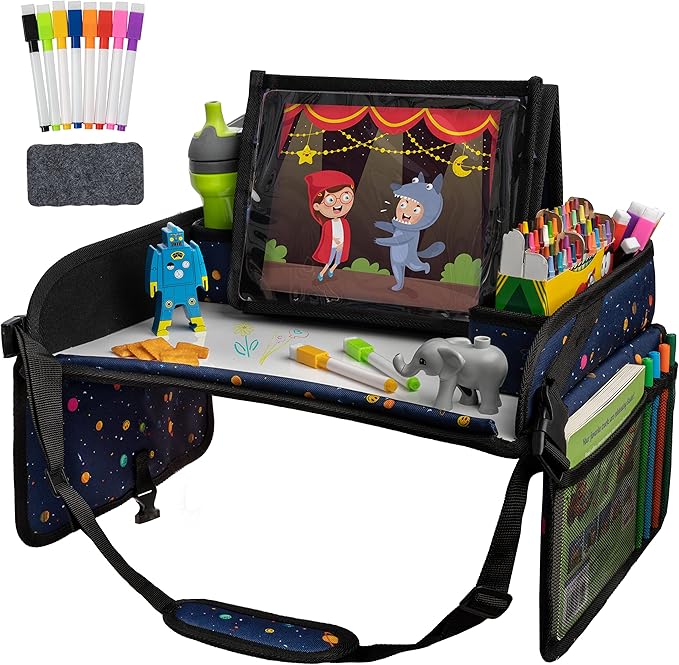 Lusso Gear Car Seat Activity Tray - Dry-Erase Top & Toddler Travel Essential - Mesh Pockets & Car Back Seat Organizer - Cup Holder & Road Trip Essentials for Kids - 600D Oxford Material by LussoGear