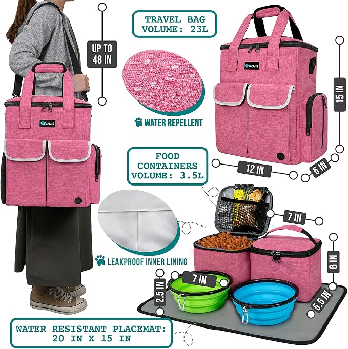 PetAmi Dog Travel Bag Pet Supplies Accessories Organizer for Traveling, Camping, Weekend; Cat Pet Travel Bag Kit Includes 2 Food Storage Containers, 2 Collapsible Bowls, 1 Feeding Mat (Pink) - Image 2