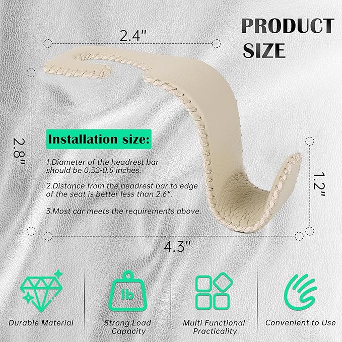 Car Seat Headrest Hook 55lb Heavy Duty Metal Hanger with Leather for Bags | Universal Fit car SUV Truck, Premium Microfiber Leather, Metal Core, Hang Purses Groceries Handbag Backpack, 4 Pack Beige - Image 6