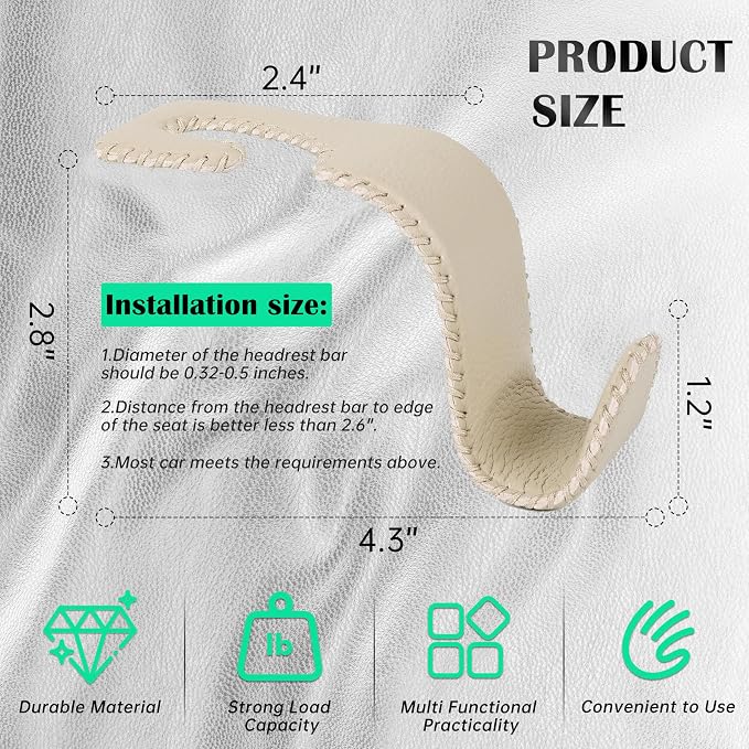 Car Seat Headrest Hook 55lb Heavy Duty Metal Hanger with Leather for Bags | Universal Fit car SUV Truck, Premium Microfiber Leather, Metal Core, Hang Purses Groceries Handbag Backpack, 2 Pack Beige - Image 6