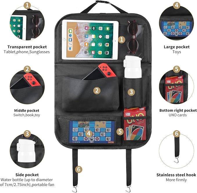 LUCMO Car Backseat Organizer with Foldable Tablet Holder, Black | 6 Storage Pockets,Foldable Food Tray,Protectors Kick Mats,Travel Accessories,Seat Cover,Road Trip Essentials - Image 2